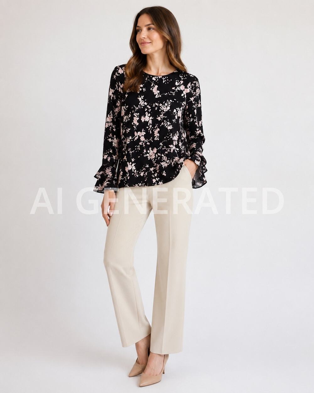 Karl Lagerfeld Paris Floral Top XS Black Pink Ruffle Sleeve Boho Romantic